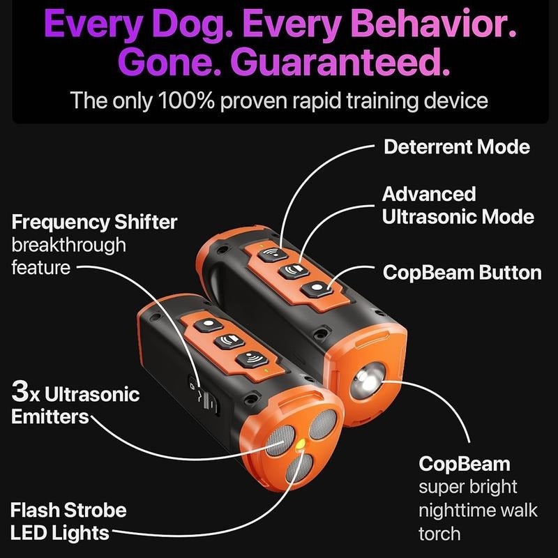 Avis ultrasonic dog trainer with three emitters, frequency shifter, deterrent mode, and bright CopBeam torch
