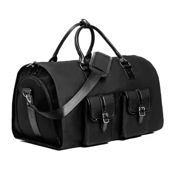 ForKumi 40L men's duffle bag in black with dual front pockets and adjustable shoulder strap