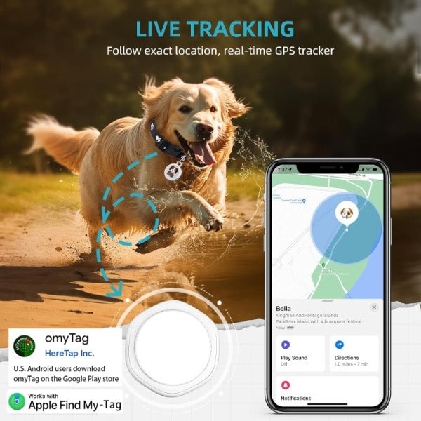 ForKumi no monthly fee pet GPS tracker with dog collar tag and mobile app showing pet location