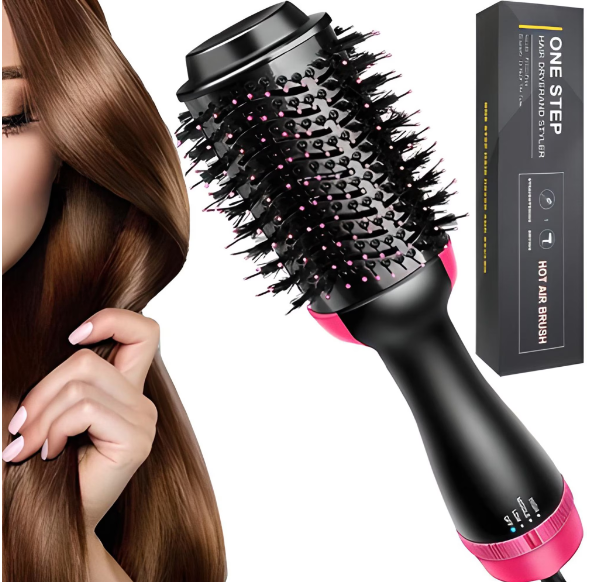 ForKumi 1000W hot air brush styler with black and pink design next to long smooth brown hair and packaging box