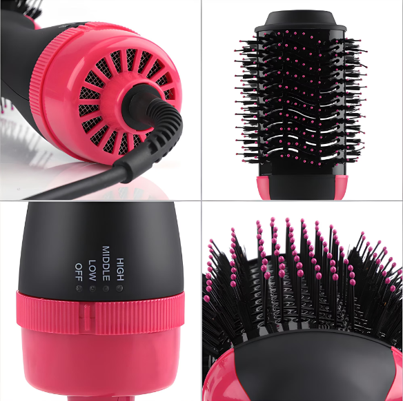 ForKumi 1000W hot air brush styler with black and pink bristles and adjustable heat settings