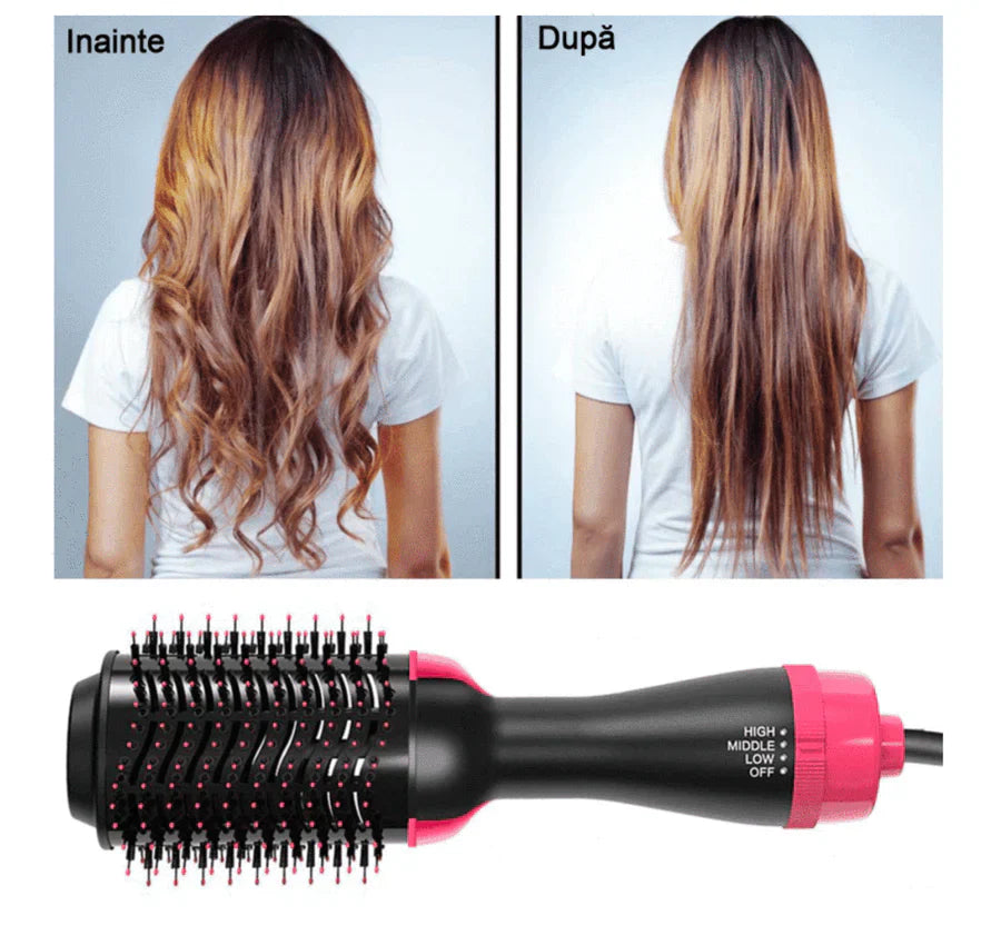 ForKumi 1000W hot air brush styler showing before and after using the hair styling tool