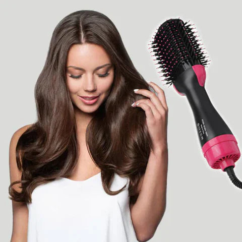 ForKumi 1000W hot air brush styler with black and pink design shown styling long brown hair