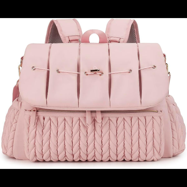 ForKumi pink lightweight diaper backpack with quilted front pocket and adjustable shoulder straps