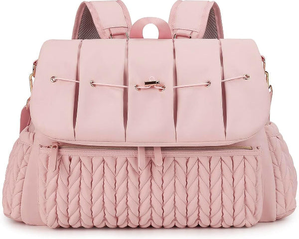 ForKumi pink lightweight diaper backpack with quilted front pocket and adjustable straps