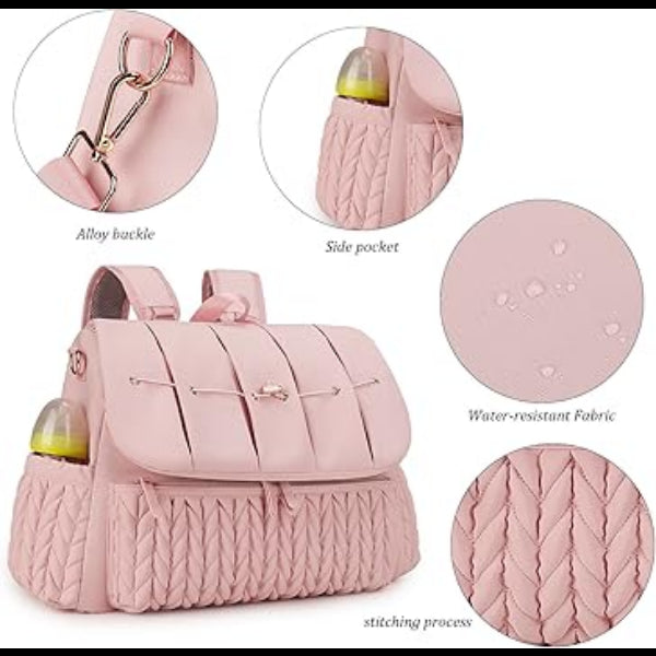 ForKumi lightweight diaper backpack in pink with water-resistant fabric and multiple pockets for baby essentials