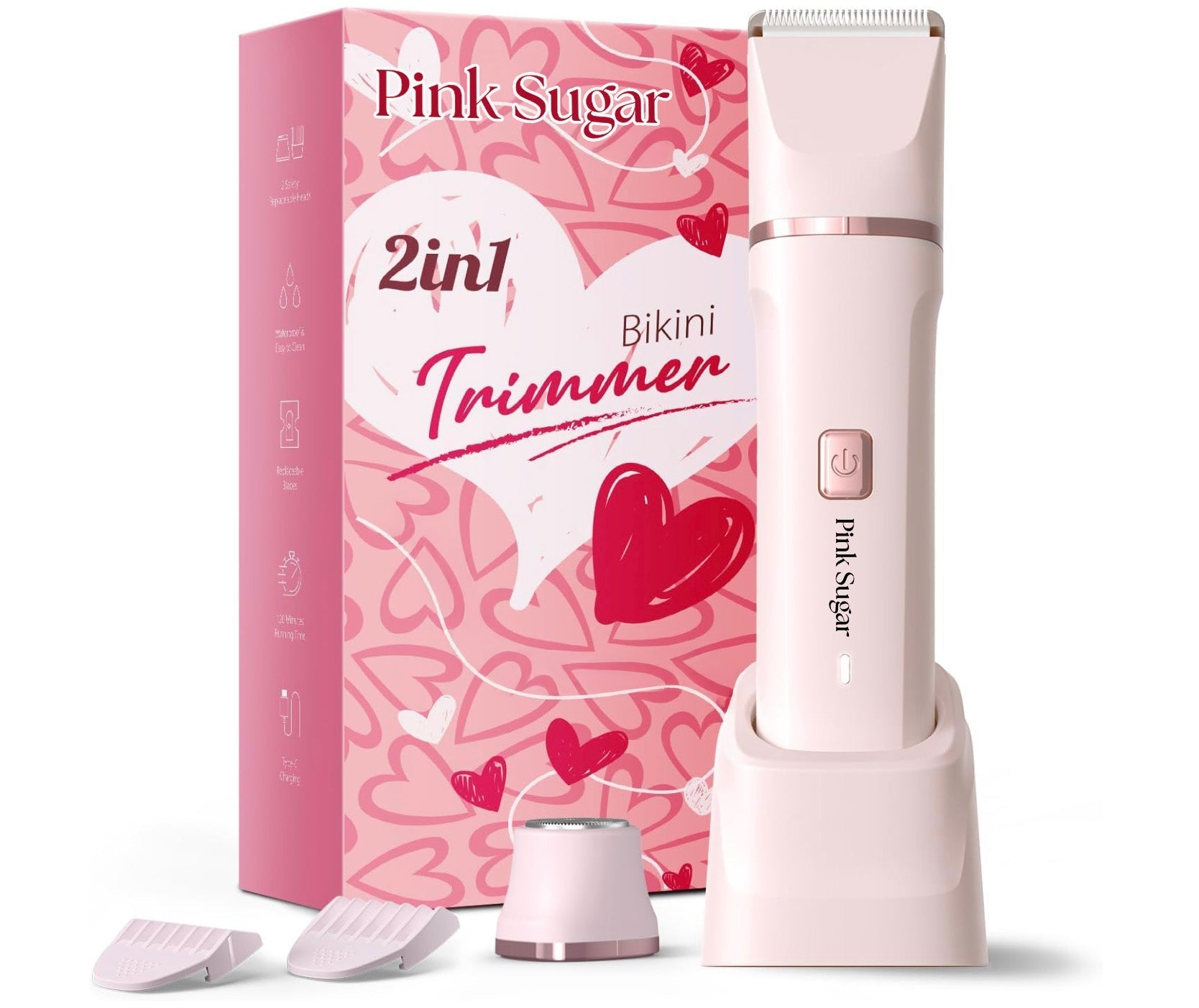 ForKumi 2-in-1 bikini trimmer for women in pink with charging stand and three attachments