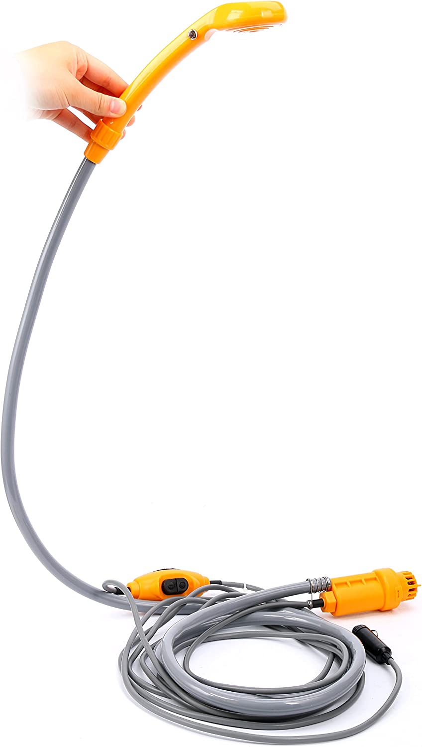 ForKumi 12V portable camp shower with yellow handheld nozzle and long flexible gray hose