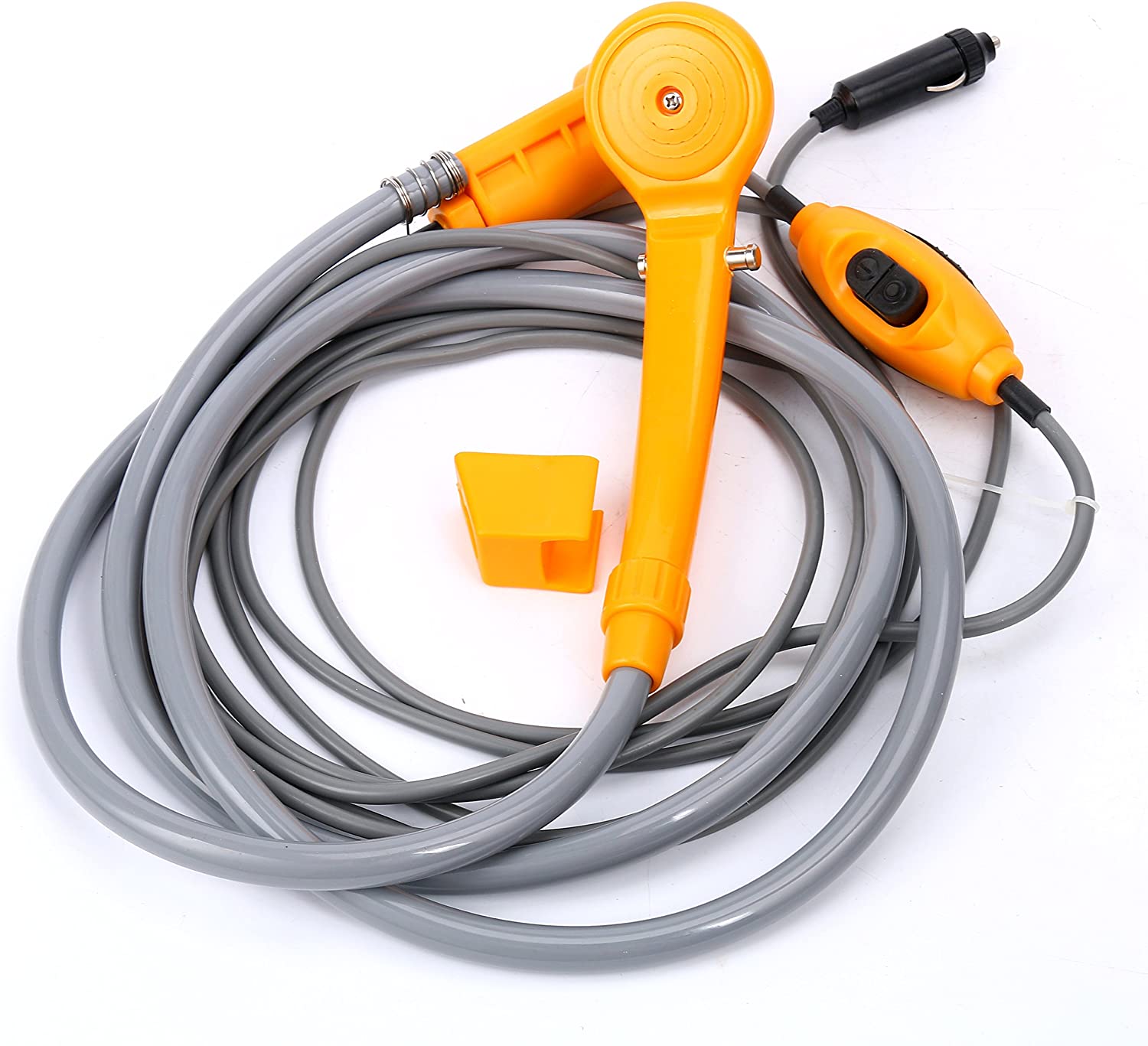 ForKumi 12V portable camp shower with orange handheld showerhead and long gray hose for outdoor use
