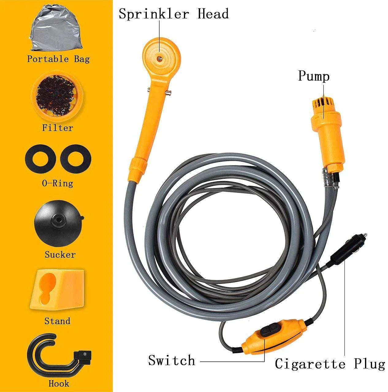 ForKumi 12V portable camp shower with sprinkler head pump switch cigarette plug and accessories