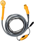 ForKumi 12V portable camp shower with orange showerhead and long gray hose for outdoor use