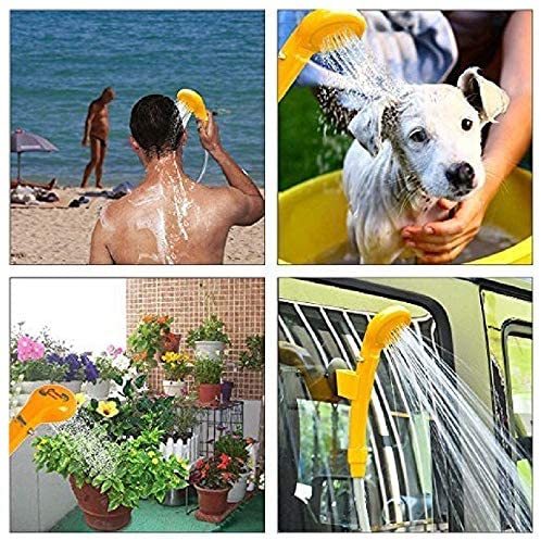 ForKumi 12V portable camp shower in use for rinsing body, washing dog, watering plants, and car cleaning