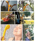 ForKumi 12V portable camp shower in use for outdoor washing and showering with yellow handheld showerhead