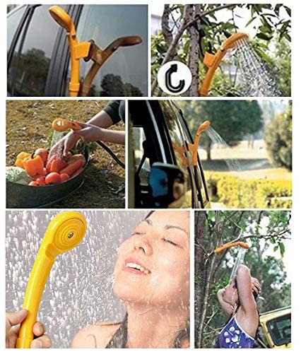 ForKumi 12V portable camp shower in use for outdoor washing and showering with yellow handheld showerhead