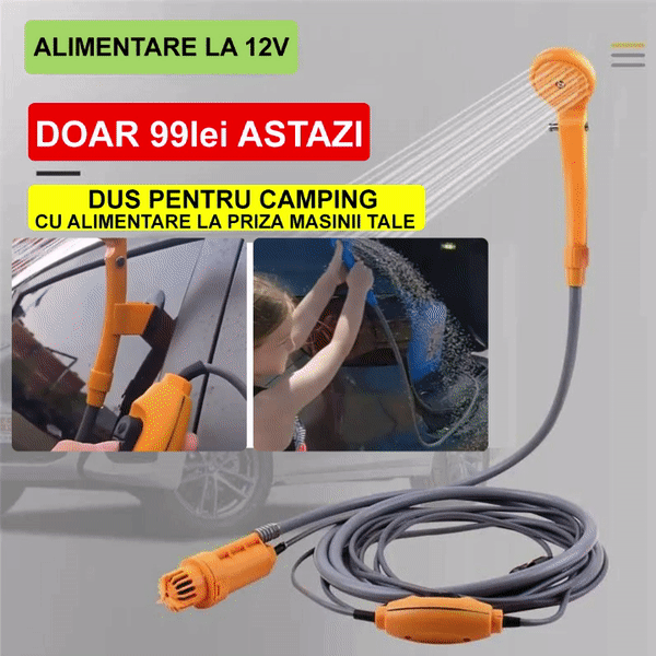 ForKumi 12V portable camp shower with orange handheld nozzle and long gray hose for camping use