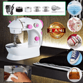 ForKumi portable 4-in-1 sewing machine with accessories and examples of fabric, shoes, and bag repairs