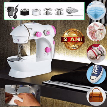 ForKumi portable 4-in-1 sewing machine with accessories and examples of fabric, shoes, and bag repairs