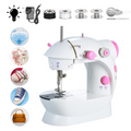 ForKumi portable 4-in-1 sewing machine with pink and white design and multiple sewing accessories