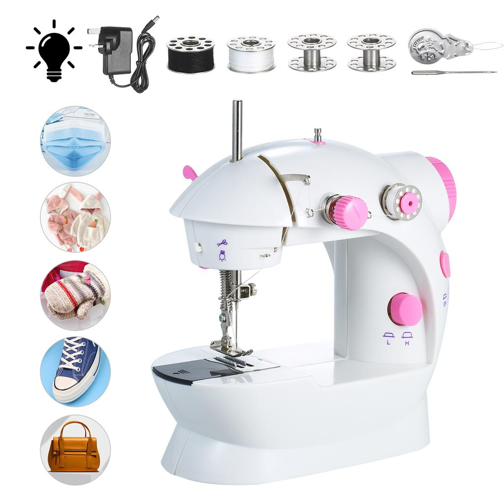 ForKumi portable 4-in-1 sewing machine with pink and white design and multiple sewing accessories