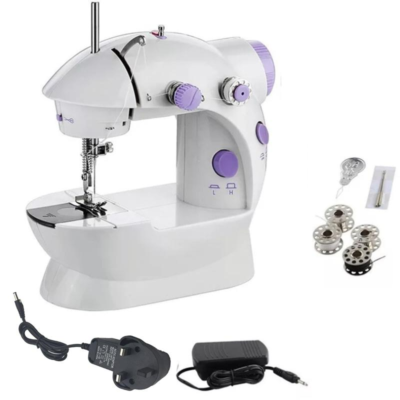 ForKumi portable 4-in-1 sewing machine with purple accents including accessories and power adapters