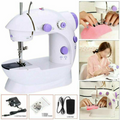 ForKumi portable 4-in-1 sewing machine in white and purple with accessories and user demonstrating sewing