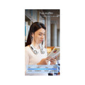 Woman wearing ForKumi portable 5-speed desk fan with neck design to reduce noise and keep cool while reading