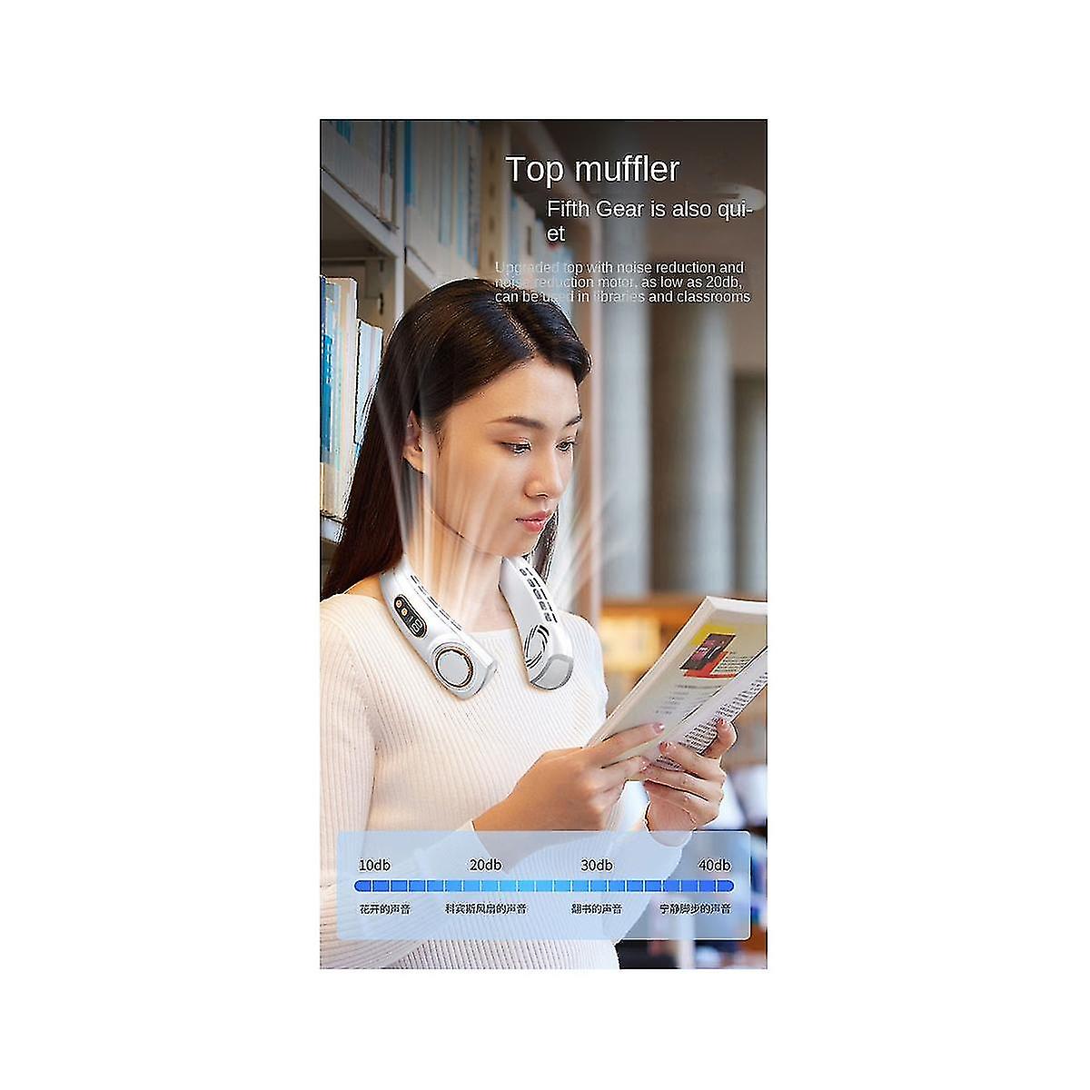 Woman wearing ForKumi portable 5-speed desk fan with neck design to reduce noise and keep cool while reading