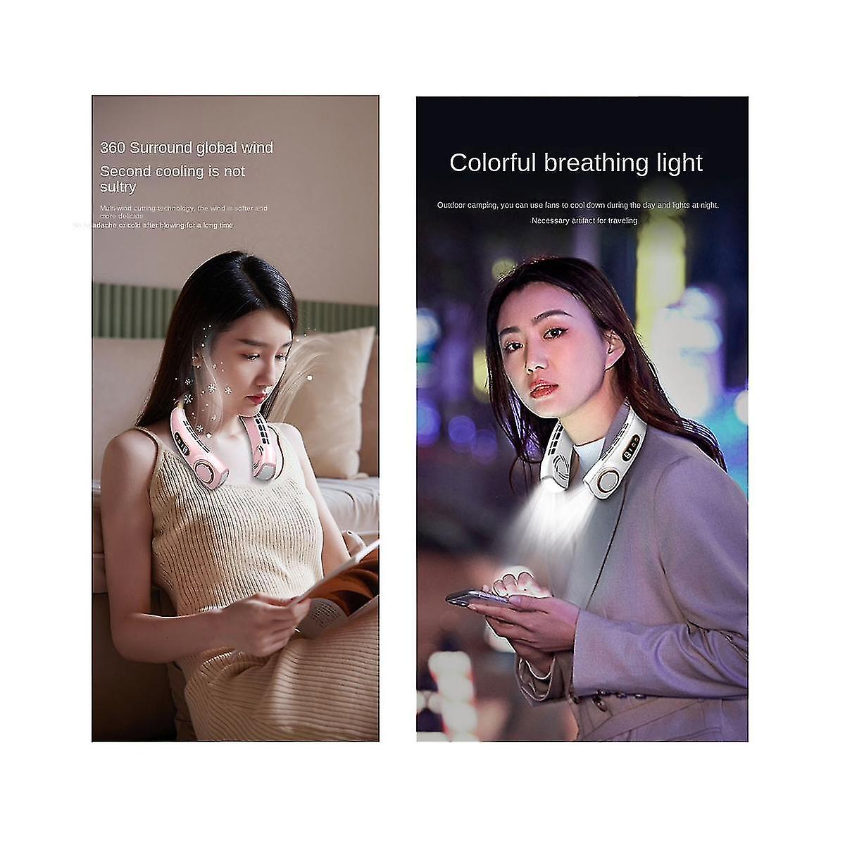 ForKumi portable 5-speed desk fan worn around neck with colorful breathing light for personal cooling
