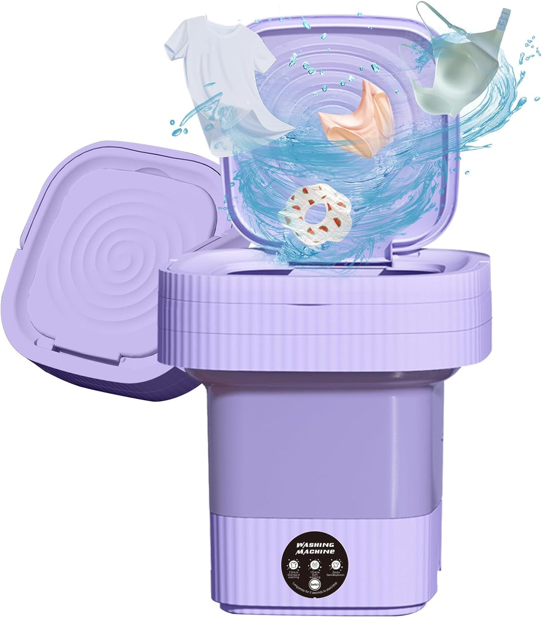 ForKumi 9L compact laundry machine in purple with open lid showing washing water and clothes