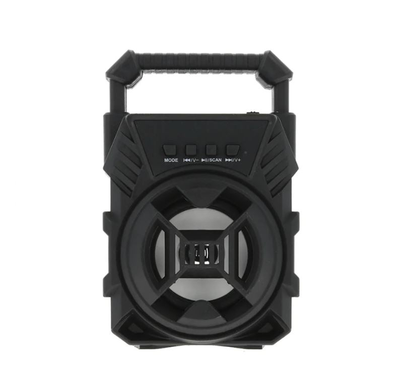 ForKumi portable bluetooth speaker with LED lights in black with handle and control buttons