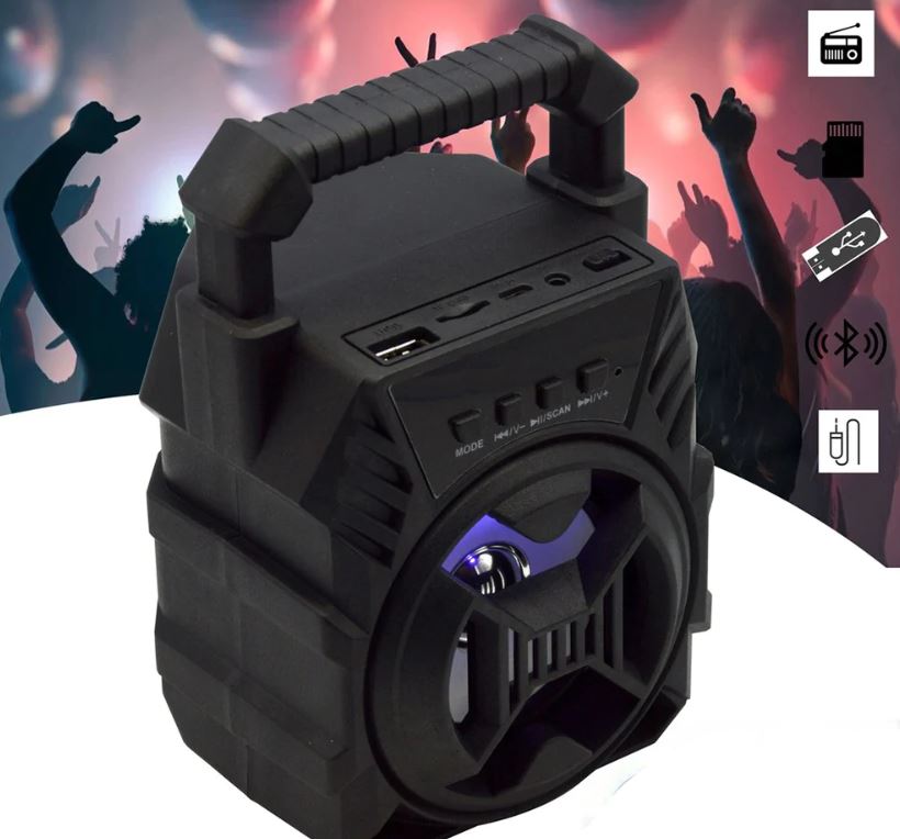 ForKumi portable bluetooth speaker with LED lights in black rugged design with handle and multiple input options