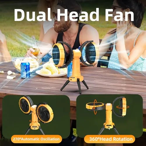 ForKumi portable camping fan with battery featuring dual head design with 270 degree oscillation and 360 degree head rotation