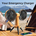 ForKumi portable camping fan with battery featuring dual fans and 8000mAh emergency charger on beach table