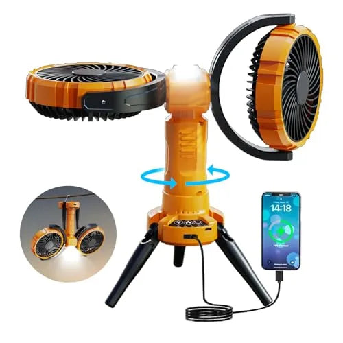 ForKumi portable camping fan with battery in orange and black with adjustable folding blades and USB charging