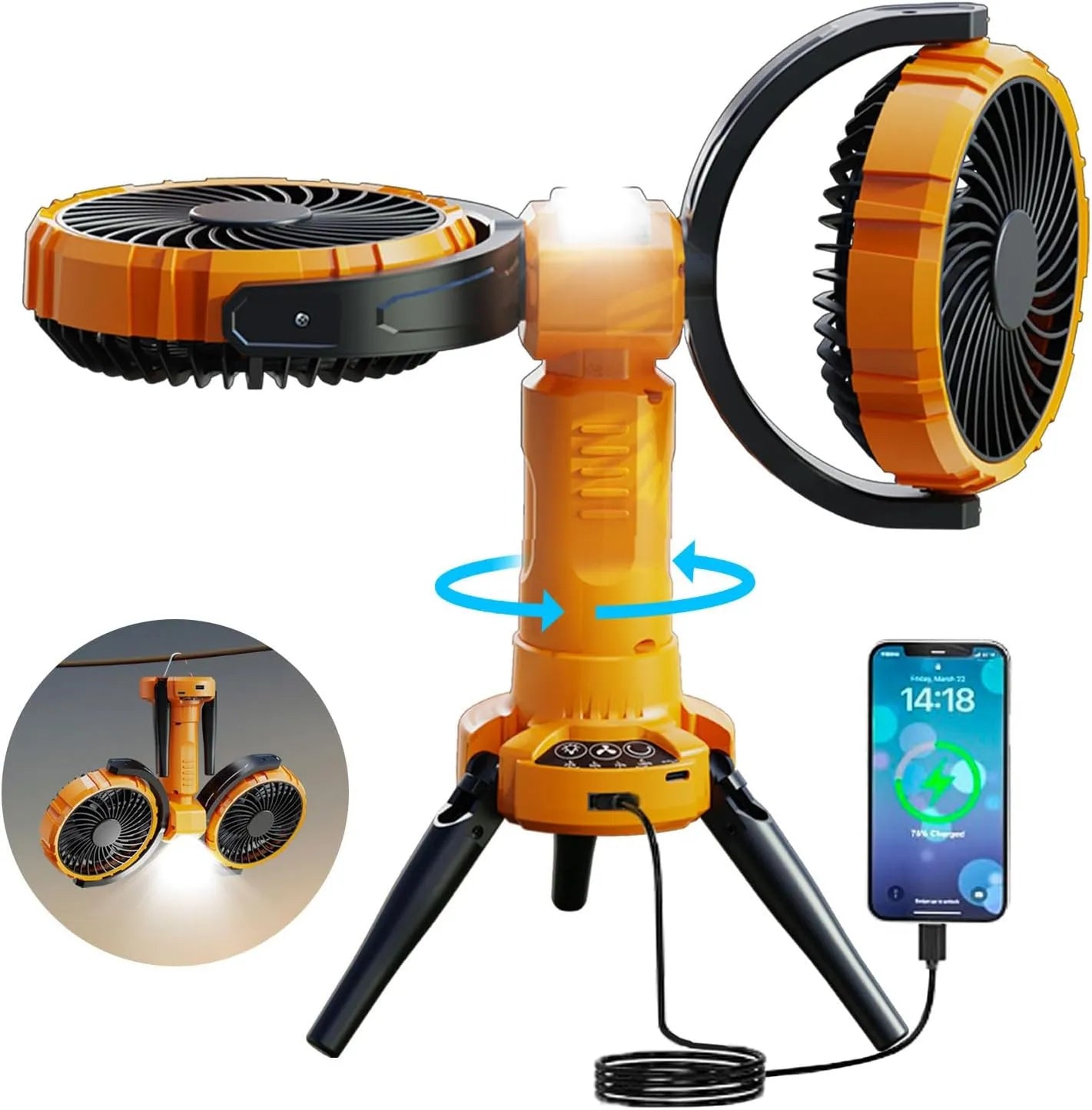 ForKumi portable camping fan with battery in orange with dual fans tripod and USB phone charging