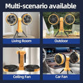 ForKumi portable camping fan with battery shown in living room, outdoor, ceiling fan, and car fan use scenarios