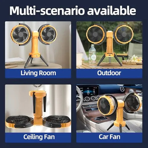 ForKumi portable camping fan with battery shown in living room, outdoor, ceiling fan, and car fan use scenarios