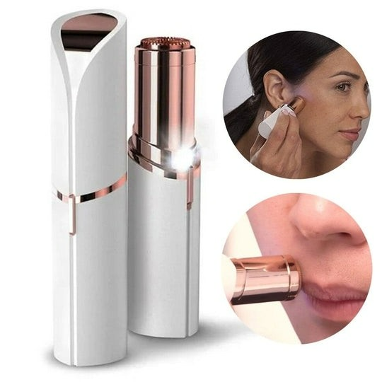 ForKumi portable facial hair remover kit with rose gold detailing shown on face and lips