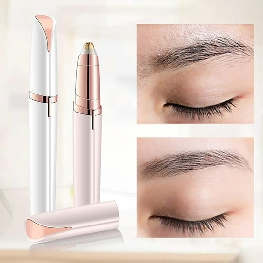 ForKumi portable facial hair remover kit with sleek white and rose gold design and eyebrow before after results