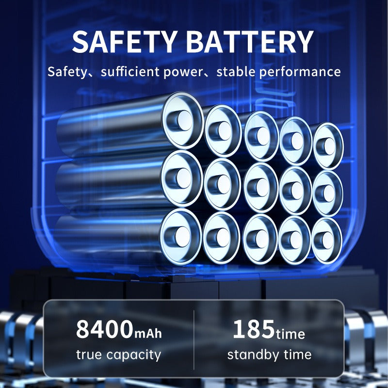Avis portable jump starter with air compressor showing 8400mAh battery capacity and 185 hours standby time