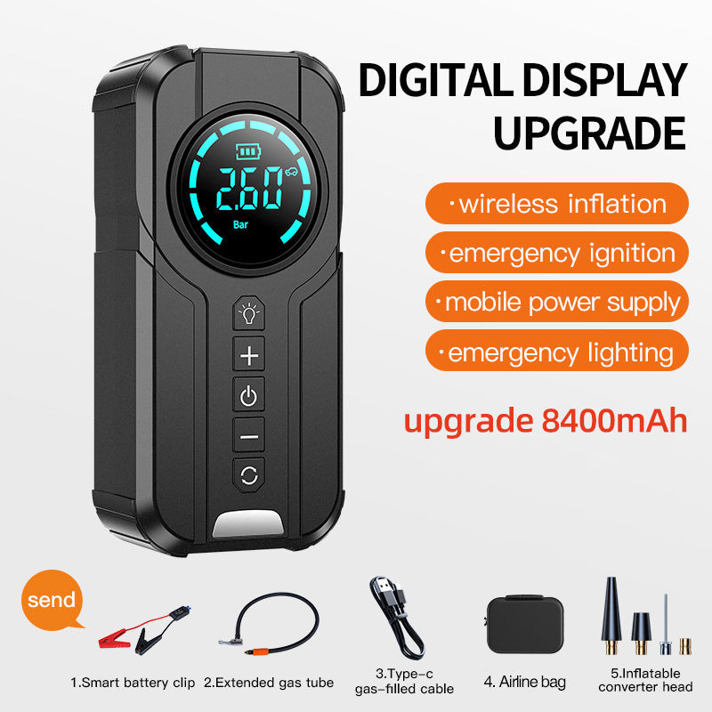 Avis portable jump starter with air compressor featuring digital display and multifunction emergency tools