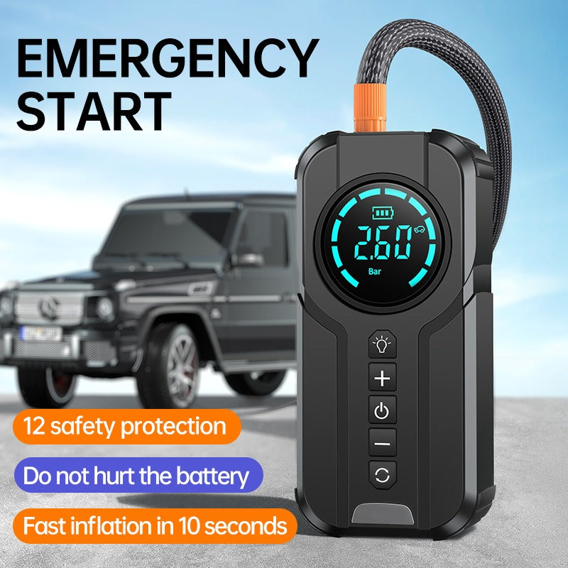 Avis portable jump starter with air compressor showing digital pressure meter for emergency car start