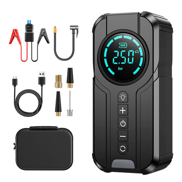 Avis portable jump starter with air compressor and accessories including cables and carrying case