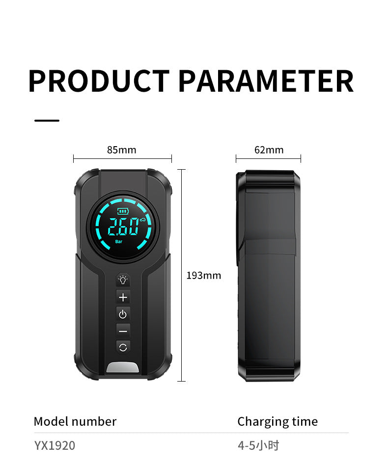 Avis portable jump starter with air compressor front and side view with digital display and control buttons