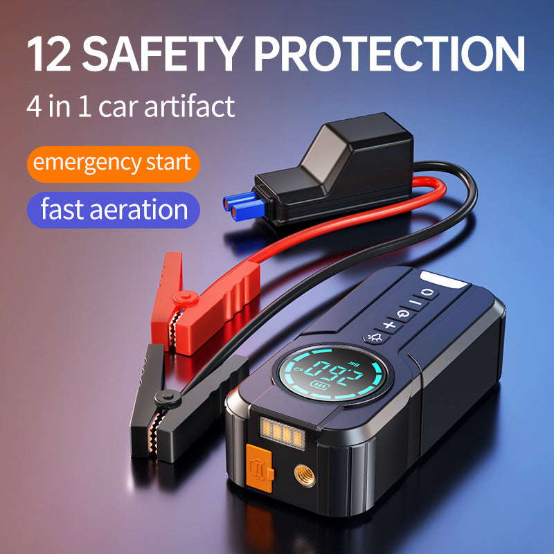 Avis portable jump starter with air compressor showing clamps and digital display for emergency car use