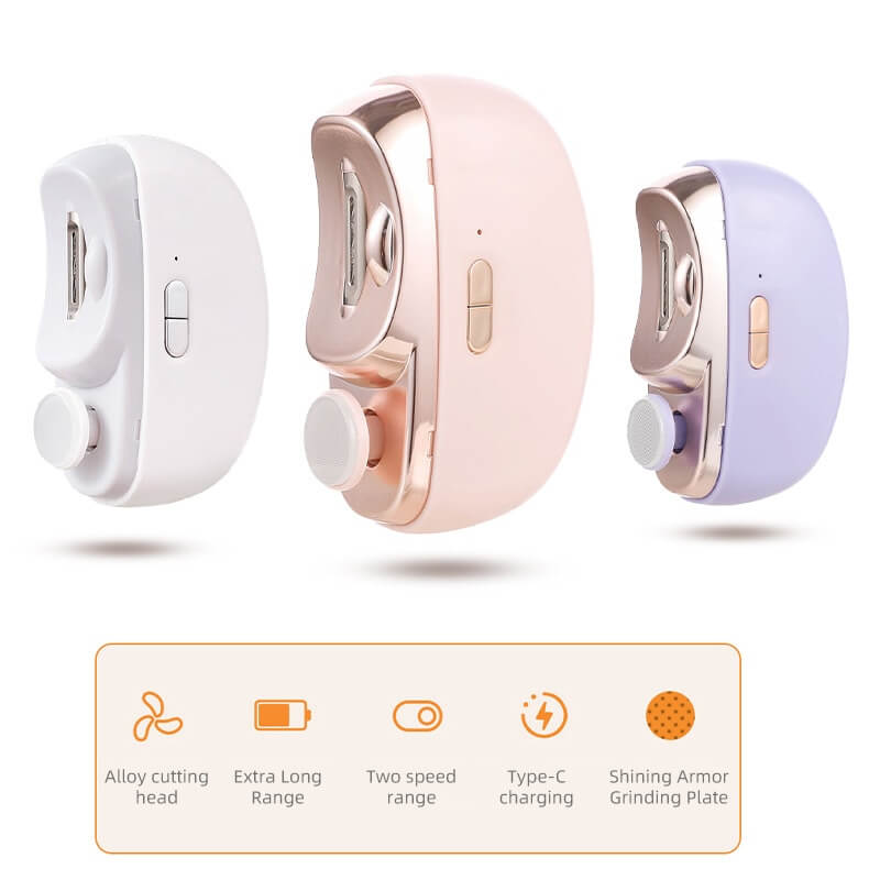 ForKumi portable nail clipper set in white pink and purple with alloy cutting head and Type-C charging