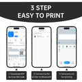 Step-by-step guide for My Store portable pocket label printer showing app download, Bluetooth connection, and printing process on smartphone