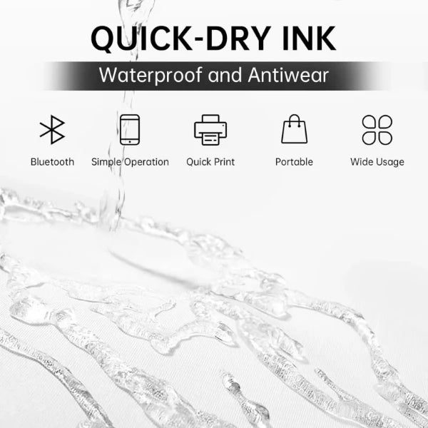 Portable pocket label printer with quick-dry waterproof ink and Bluetooth connectivity