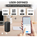 Portable pocket label printer connected to smartphone showing barcode QR code logo and date printing options