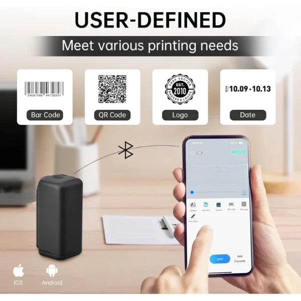 Portable pocket label printer connected to smartphone showing barcode QR code logo and date printing options